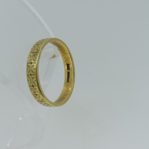 99 - An 18ct yellow gold Band, with foliate engraved decoration, Size R½, together with a plain 18... 