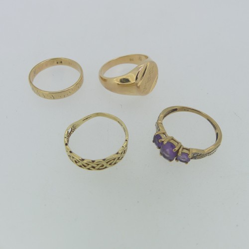 92 - Three 9ct gold Rings; one a textured band, Size O½, one set amethysts, Size O, one with knot front, ... 