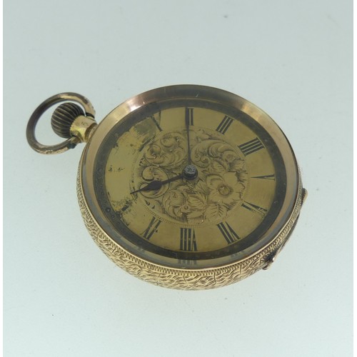 40 - A Continental 14k gold Fob Watch, the case with foliate engraved decoration, gilt dial with black Ro... 