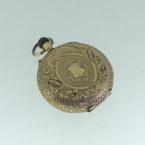 40 - A Continental 14k gold Fob Watch, the case with foliate engraved decoration, gilt dial with black Ro... 