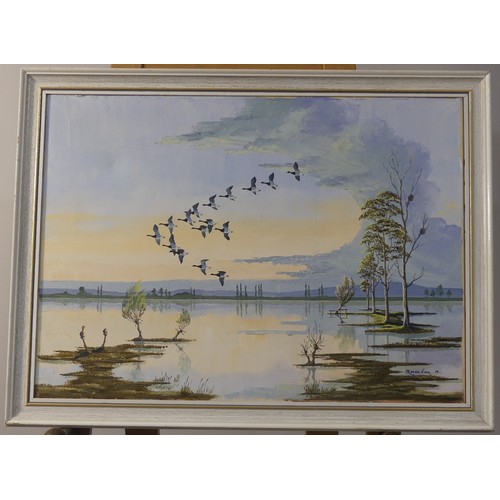 171 - Roger Vick (1938-2009), Skein of Brents over the Flood, oil on canvas, signed and dated '79, 41cm x ... 