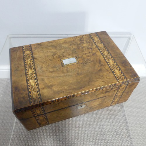 371 - A Victorian Tunbridge ware Box, the mother of pearl inlaid hinged lid opening to reveal a fitted int... 