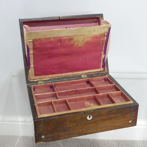 378 - A 19th century rosewood Sewing Box, the inlaid hinged lid opening to reveal a fitted interior, some ... 