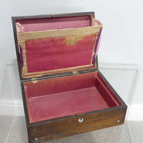 378 - A 19th century rosewood Sewing Box, the inlaid hinged lid opening to reveal a fitted interior, some ... 