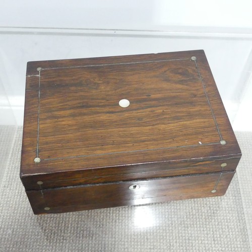 378 - A 19th century rosewood Sewing Box, the inlaid hinged lid opening to reveal a fitted interior, some ... 