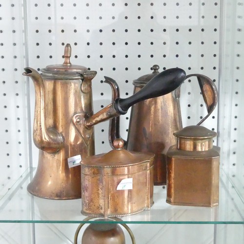 396 - A small quantity of antique Copper wares, to include a silver shape tea caddy, cockerel lidded egg b... 