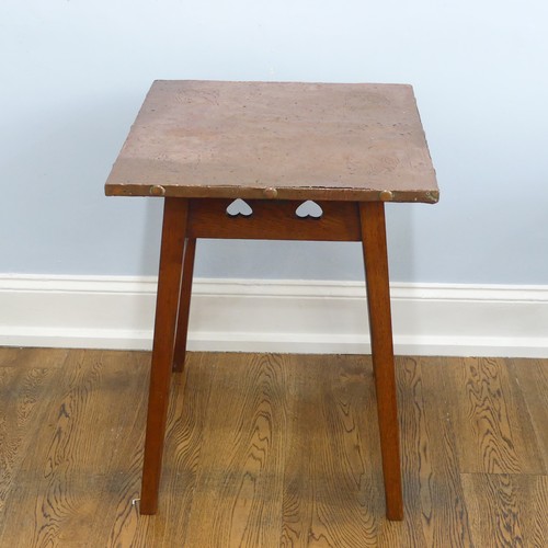 287 - An Arts & Crafts oak copper-topped square Occasional Table, the square top decorated with floral... 