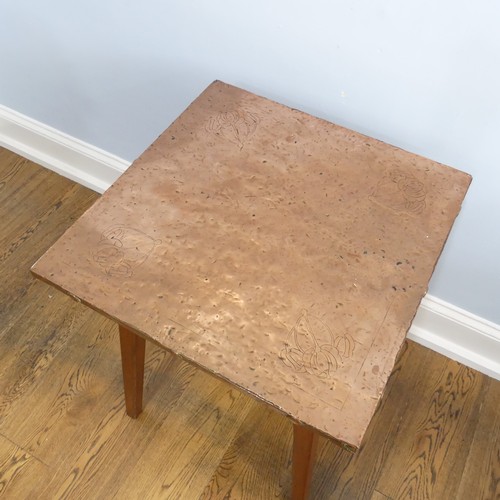 287 - An Arts & Crafts oak copper-topped square Occasional Table, the square top decorated with floral... 