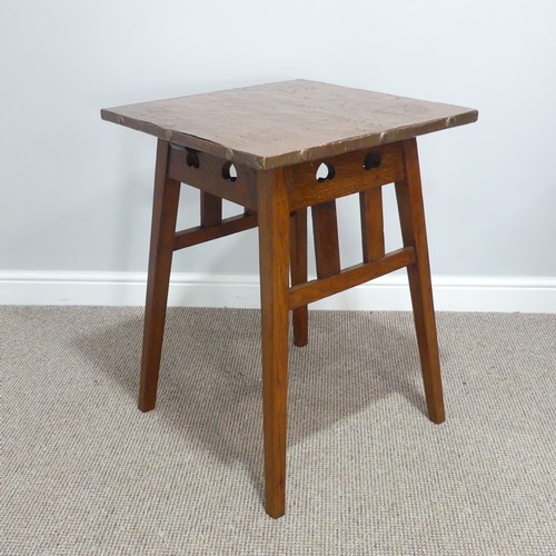 287 - An Arts & Crafts oak copper-topped square Occasional Table, the square top decorated with floral... 