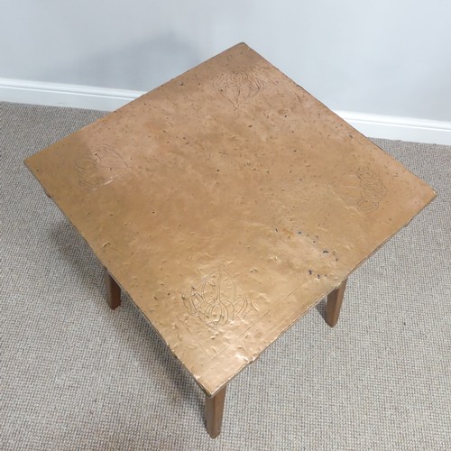 287 - An Arts & Crafts oak copper-topped square Occasional Table, the square top decorated with floral... 