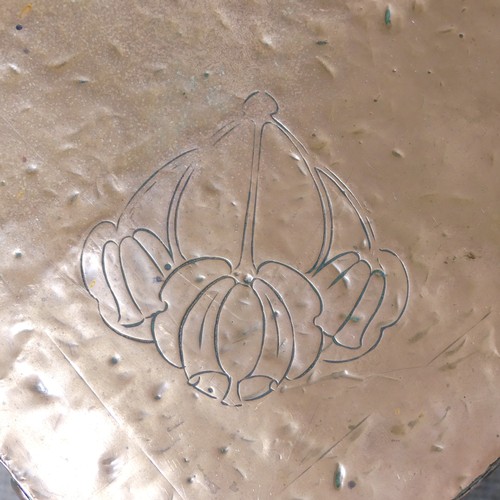 287 - An Arts & Crafts oak copper-topped square Occasional Table, the square top decorated with floral... 