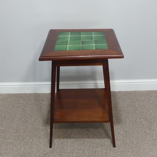 402 - An Arts & Crafts mahogany square Occasional Table, the top inset with green tiles, W 46cm x D 46... 