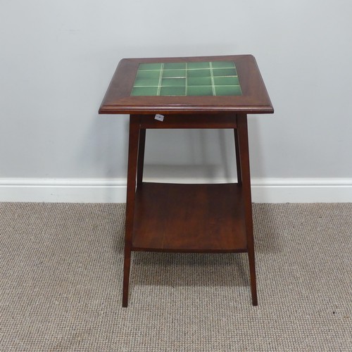 402 - An Arts & Crafts mahogany square Occasional Table, the top inset with green tiles, W 46cm x D 46... 