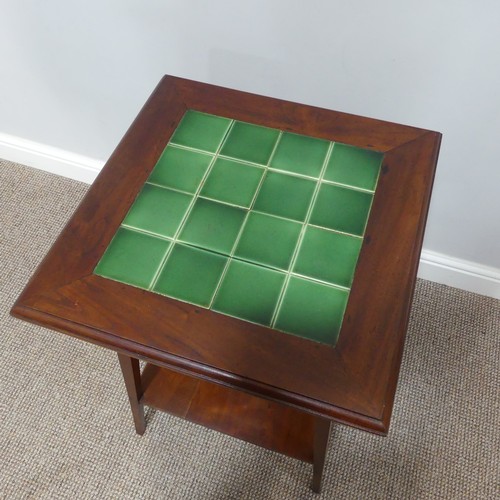 402 - An Arts & Crafts mahogany square Occasional Table, the top inset with green tiles, W 46cm x D 46... 