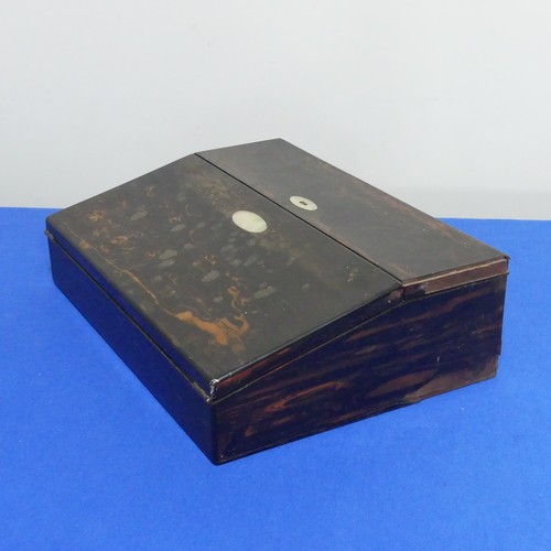 418 - A 19thC coromandel wood Writing Slope, with fitted interior and blue velvet writing surface, some da... 