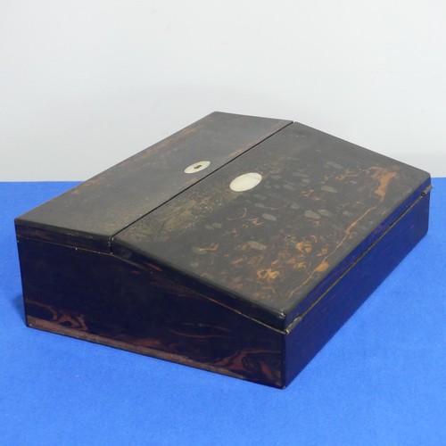 418 - A 19thC coromandel wood Writing Slope, with fitted interior and blue velvet writing surface, some da... 