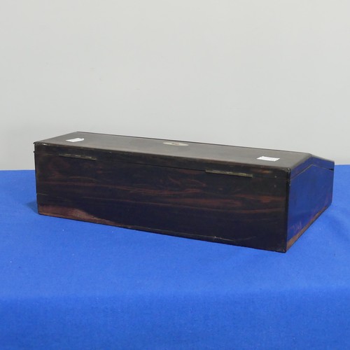 418 - A 19thC coromandel wood Writing Slope, with fitted interior and blue velvet writing surface, some da... 