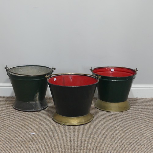 419 - Three vintage Dutch painted metal and brass Buckets, two painted in red and green, one painted in bl... 