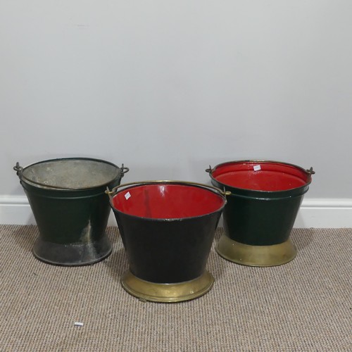 419 - Three vintage Dutch painted metal and brass Buckets, two painted in red and green, one painted in bl... 