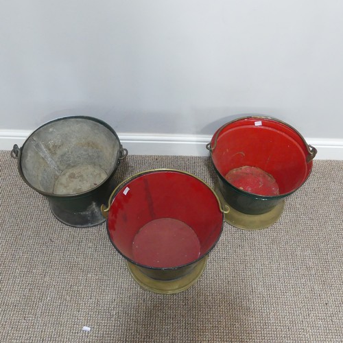 419 - Three vintage Dutch painted metal and brass Buckets, two painted in red and green, one painted in bl... 