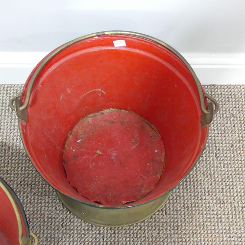 419 - Three vintage Dutch painted metal and brass Buckets, two painted in red and green, one painted in bl... 