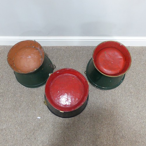 419 - Three vintage Dutch painted metal and brass Buckets, two painted in red and green, one painted in bl... 