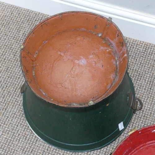 419 - Three vintage Dutch painted metal and brass Buckets, two painted in red and green, one painted in bl... 