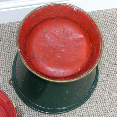 419 - Three vintage Dutch painted metal and brass Buckets, two painted in red and green, one painted in bl... 