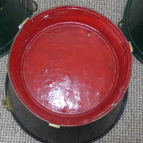 419 - Three vintage Dutch painted metal and brass Buckets, two painted in red and green, one painted in bl... 