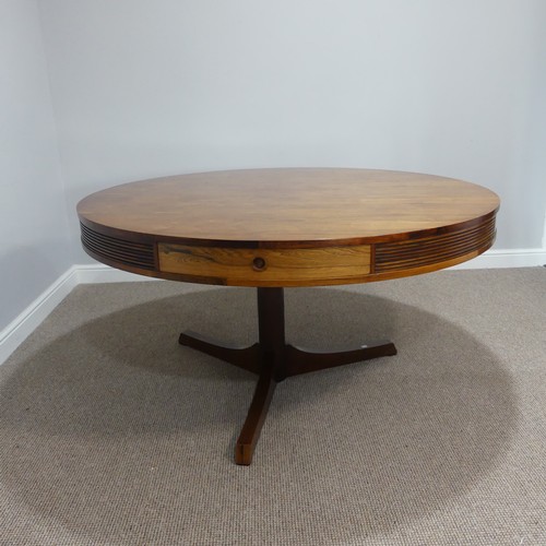 Robert Heritage for Archie Shine, 'Bridgeford' rosewood Drum Table, with four drawers and reeded frieze, on a circular shaft and three legs, Dia 143cm x 73cm High.