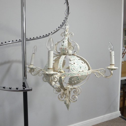 295 - A pair of painted wrought iron ceiling  Chandeliers, of globe form decorated with flowers, each with... 