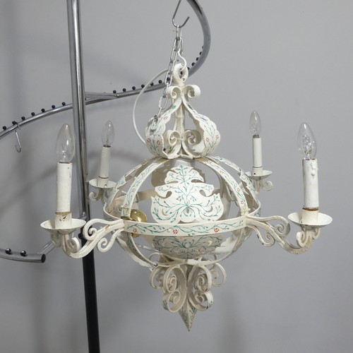 295 - A pair of painted wrought iron ceiling  Chandeliers, of globe form decorated with flowers, each with... 