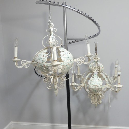 295 - A pair of painted wrought iron ceiling  Chandeliers, of globe form decorated with flowers, each with... 