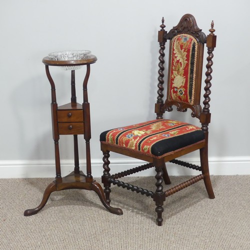 296 - A 19thC Rosewood and Woolwork Hall Chair, with a carved and shaped back rest, spirally turned suppor... 