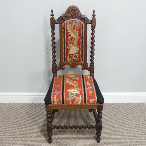 296 - A 19thC Rosewood and Woolwork Hall Chair, with a carved and shaped back rest, spirally turned suppor... 