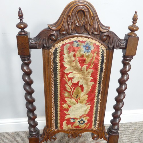 296 - A 19thC Rosewood and Woolwork Hall Chair, with a carved and shaped back rest, spirally turned suppor... 