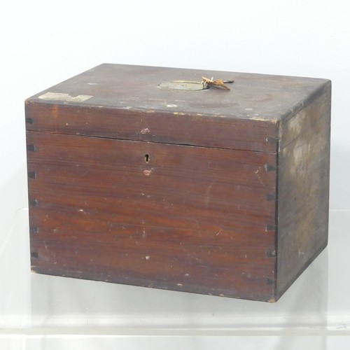 458 - An antique baize lined Silver Chest, with hinged lid and metal carrying handle to top, partial paper... 