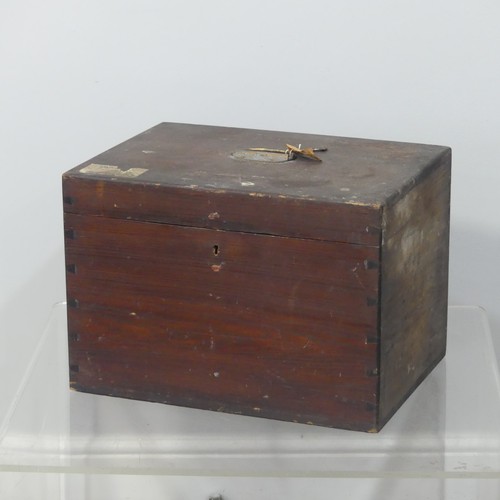 458 - An antique baize lined Silver Chest, with hinged lid and metal carrying handle to top, partial paper... 