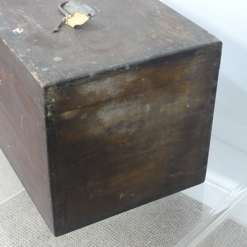 458 - An antique baize lined Silver Chest, with hinged lid and metal carrying handle to top, partial paper... 