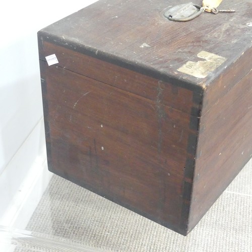 458 - An antique baize lined Silver Chest, with hinged lid and metal carrying handle to top, partial paper... 