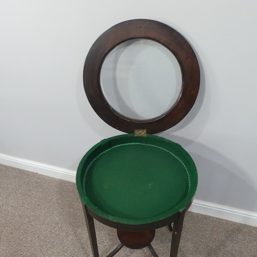 298 - An early 20thC inlaid mahogany circular Bijouterie Table, with circular glazed lift up top with gree... 