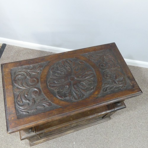 464 - A Victorian carved oak Monks Bench, of rectangular form, with typical hinged box seat base, and turn... 