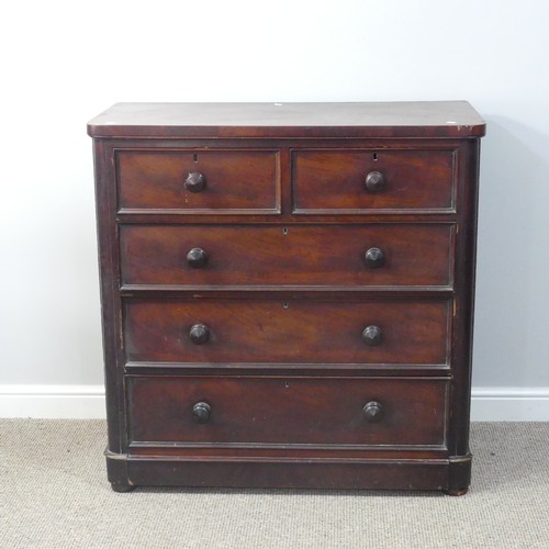 488 - A Victorian mahogany chest of drawers, two short over three long, on bun feet, damage to veneer, W 9... 