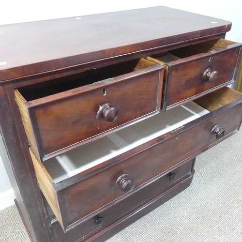 488 - A Victorian mahogany chest of drawers, two short over three long, on bun feet, damage to veneer, W 9... 