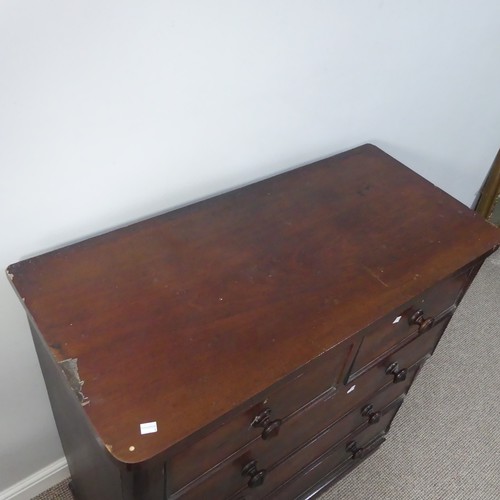 488 - A Victorian mahogany chest of drawers, two short over three long, on bun feet, damage to veneer, W 9... 