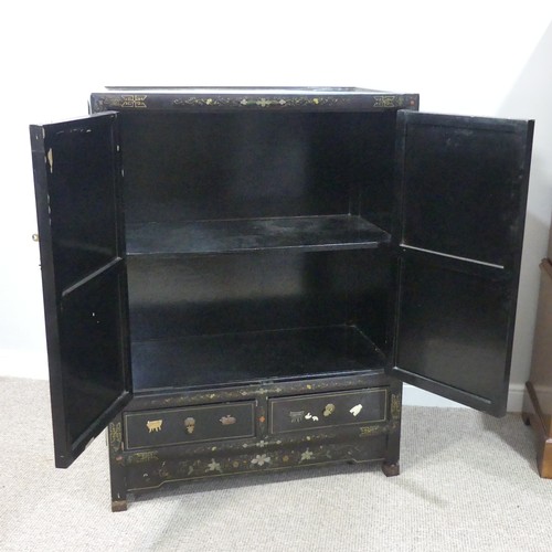 495 - An Oriental Shibayama-style black lacquered Side Cabinet, in the Japanese manner, the twin panelled ... 