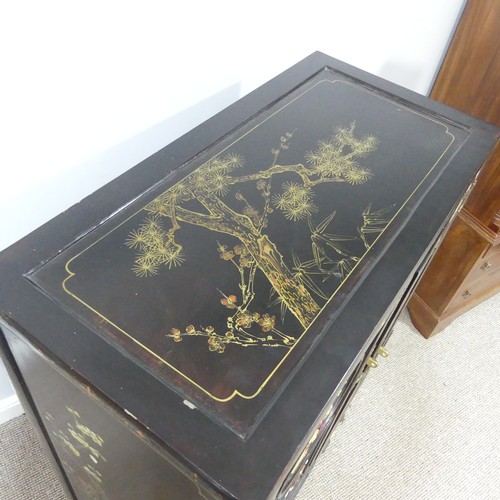 495 - An Oriental Shibayama-style black lacquered Side Cabinet, in the Japanese manner, the twin panelled ... 