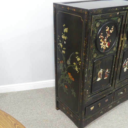 495 - An Oriental Shibayama-style black lacquered Side Cabinet, in the Japanese manner, the twin panelled ... 