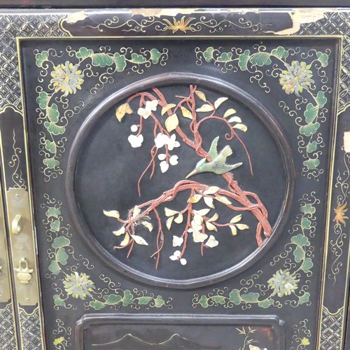 495 - An Oriental Shibayama-style black lacquered Side Cabinet, in the Japanese manner, the twin panelled ... 