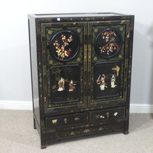 495 - An Oriental Shibayama-style black lacquered Side Cabinet, in the Japanese manner, the twin panelled ... 